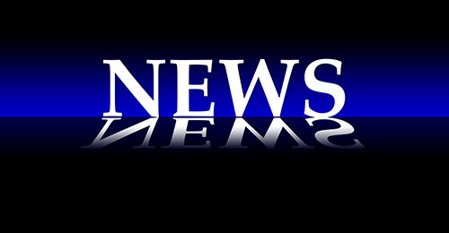 A blue and white news logo with the word news