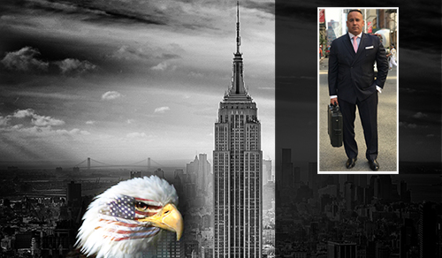 A bald eagle is standing in front of the empire state building.