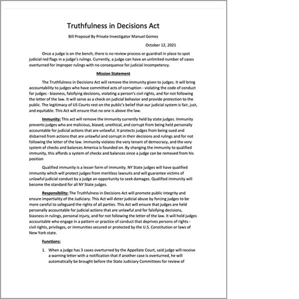 Truthfulness in Decisions Act bill proposal from private investigator Manuel Gomez