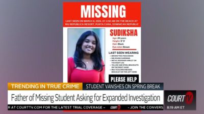 Missing person poster on a television news.