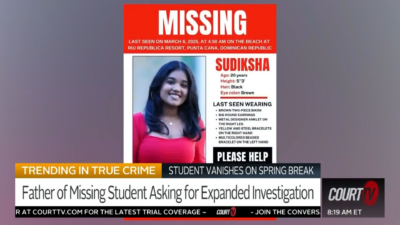 Missing person poster on a television news.